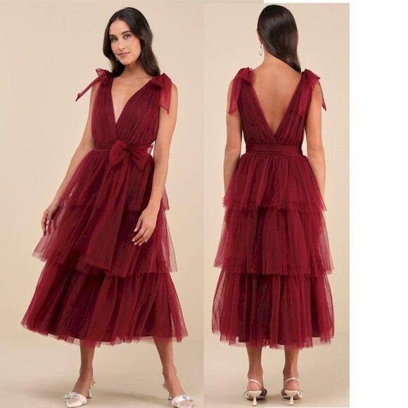 Lulus Flawless Arrival Burgundy Tulle Tie-Strap Tiered Maxi Dress Medium NEW NWT - Picture 5 of 7
